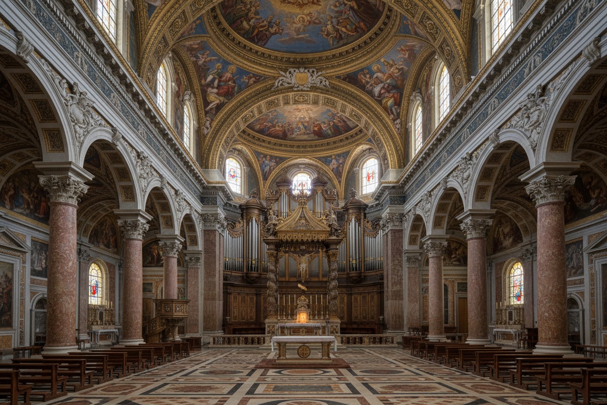 Interno di una chiesa monumentale con colonne in marmo, affreschi sul soffitto a volta e un grande organo a canne sopra l'altare.
