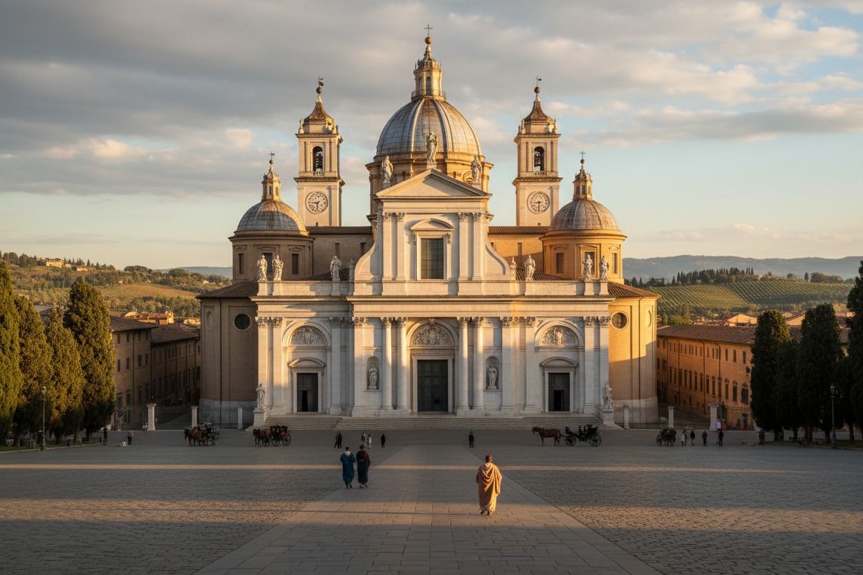 La Basilica di Santa Maria degli Angeli ad Assisi si staglia maestosa al tramonto sopra una piazza lastricata con alcune persone che camminano verso l'ingresso.
